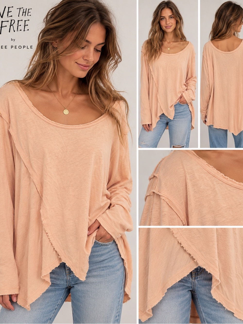 Free People Washed Peach Long-Sleeve Scoop Neck Top